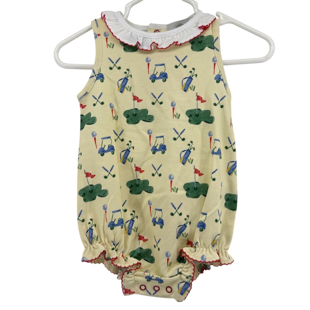 The Proper Peony Baby Girls Yellow Golf Print Pima Cotton Bubble Romper 3M